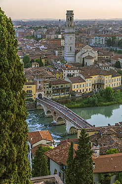 Panoramic view from the hill of San Pietro, old town with the river Etsch and the bridge Ponte Pietra, Verona, Veneto, Italy, Europe