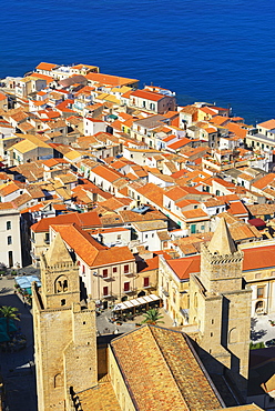 View of the town from La Rocca, Cefalu, Sicily, Italy, Europe