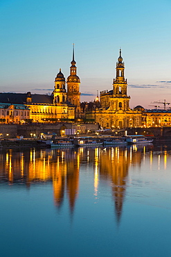 Cityscape with Elbe, Ständehaus, Hausmannsturm and Dresden Cathedral, Dresden, Saxony, Germany, Europe