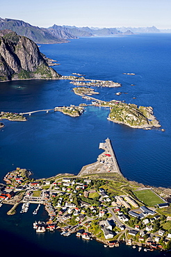 View from Reinebringen, Reinebriggen, 442m, view towards Hamnoy and Reinefjord with mountains, Moskenes, Moskenesøy, Lofoten, Norway, Europe