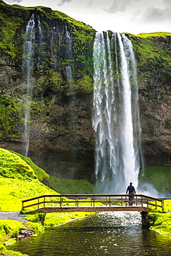 Seljalandsfoss Waterfall, with bridge, Iceland, Europe