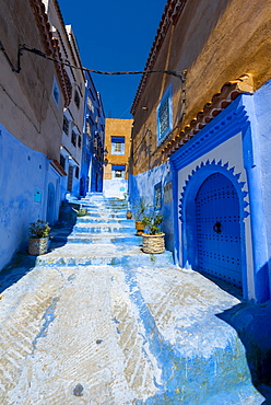 Narrow alley, blue houses, medina of Chefchaouen, Chaouen, Tangier-Tétouan, Morocco, Africa