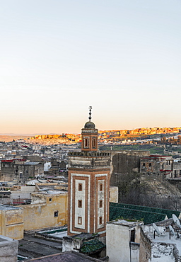 View of the old town, mosque with minaret, sunset, Fes-Boulemane, Fez, Morocco, Africa