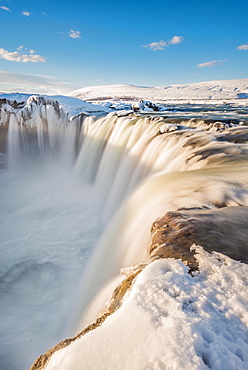 Waterfall Góðafoss, Godafoss in winter with snow and ice, Skjálfandafljót river, Norðurland vestra, Northern Iceland, Iceland, Europe