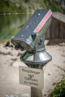 Telescope for tourists, climbers and chamois, Lake Obersee, Salet am Konigssee, Berchtesgadener Land National Park, Berchtesgadener Land, Upper Bavaria, Bavaria, Germany, Europe