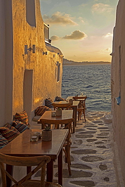 Kastro's Restaurant at sunset, Little Venice, Mykonos Island, Cyclades, Mykonos City, Chora, Greece, Europe