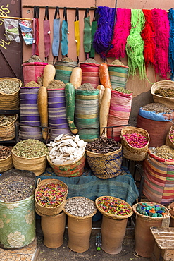 Spices and herbs on sale in Marrakech market, Marrakech, Morocco, Africa