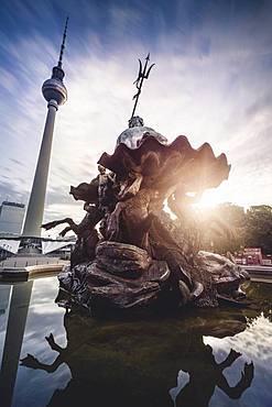 Berlin Television Tower at Neptune Fountain Alexanderplatz, Berlin, Germany, Europe