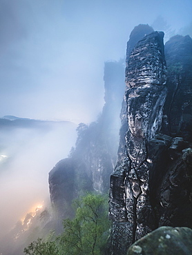 Bastion view at night, Elbe Sandstone Mountains, Saxon Switzerland, Germany, Europe