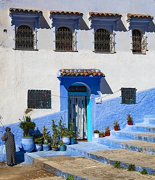 Facade, entrance with flower pots, blue house, medina of Chefchaouen, Chaouen, Tanger-Tetouan, Morocco, Africa