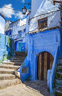 Narrow alleyway, blue houses, Medina of Chefchaouen, Chaouen, Tanger-Tetouan, Morocco, Africa