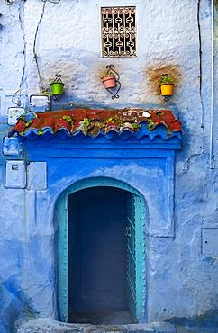 Facade, blue entrance door, blue house, Medina of Chefchaouen, Chaouen, Tangier-Tetouan, Morocco, Africa