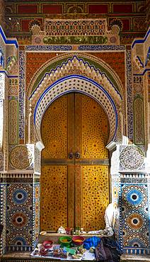 Splendidly decorated entrance door, exterior facade University and Mosque Al-Qarawiyyin, Al Quaraouiyine or Al-Karaouine, Fes, Fez, Morocco, Africa