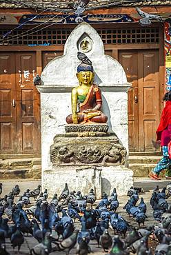 Buddha statue at Kathesimbhu Stupa, doves, Kathmandu, Himalaya region, Nepal, Asia