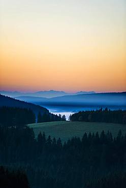 Morning haze, morning mood, view from Thurner, behind the Swiss Alps, Black Forest, Baden-Wuerttemberg, Germany, Europe