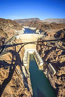 View from the Hoover Dam Bypass Bridge to the dam wall of the Hoover Dam, Hoover Dam, Dam, near Las Vegas, Colorado River, Lake Mead, Boulder City, Arizona Border, Nevada, USA, North America