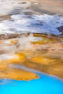 Abstract detail, hot springs, colorful mineral deposits in Porcelain Basin, Noris Geyser Basin, Yellowstone National Park, Wyoming, USA, North America