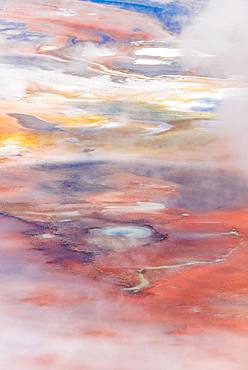 Abstract detail, hot springs, colorful mineral deposits in Porcelain Basin, Noris Geyser Basin, Yellowstone National Park, Wyoming, USA, North America