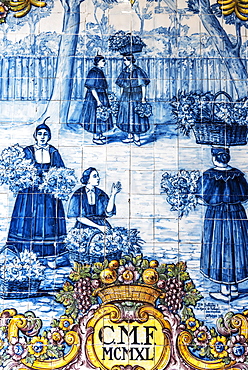 Women selling flowers, street scene, historical Azulejo tile painting, painted ceramic tiles, market hall, Funchal, Madeira, Portugal, Europe