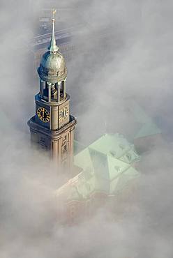 Aerial view, church tower of St. Michaelis in Wolken, Hamburg, Germany, Europe