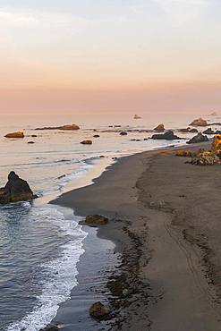 Sunrise, coastal landscape with many rocky islands, Harris Beach State Park, Oregon, USA, North America