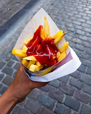 French fries with ketchup, Brussels, Belgium, Europe