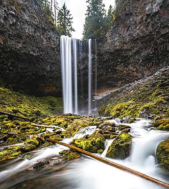 Waterfall flows over rocky outcrop, long term exposure, River Cold Spring Creek, Tamanawas Falls, Oregon, USA, North America