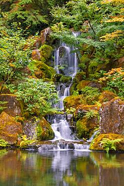 Pond with waterfall, Japanese garden, Portland, Oregon, USA, North America