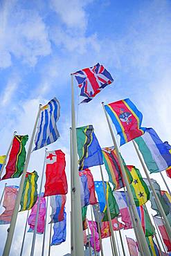 Flagpoles with international flags, ITB, Berlin, Germany, Europe