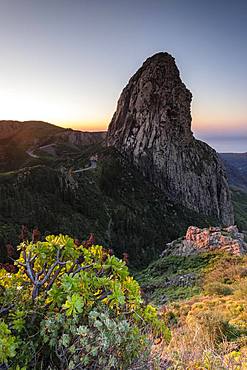 Roque de Agando rock tower at sunrise, Monumento Natural de los Roques, La Gomera, Canary Islands, Spain, Europe