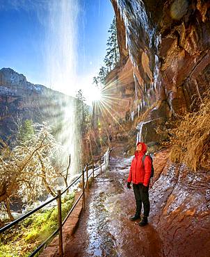 Female hiker in front of waterfall, water falls from overhanging rock, icy hiking trail Emerald Pools Trail in Winter, Zion National Park, Utah, USA, North America