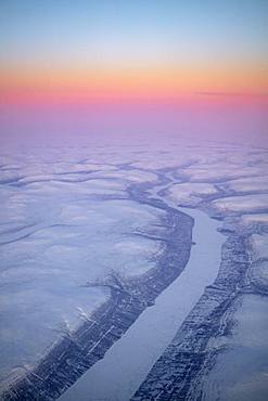 Aerial view, sunrise over the Central Siberian Highlands between Norilsk and Baykitskiy Rayon, Krasnoyarsk region, Russia, Europe