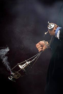 Silver incense barrel with steaming incense is swivelled, Semana Santa, Holy Week, Almeria, Andalusia, Spain, Europe