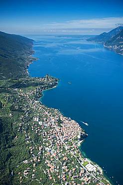 Lake Garda east shore with Malcesine, aerial view, Province of Veneto, Italy, Europe