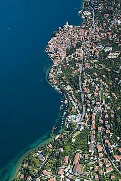 Malcesine with old town and Castello di Malcesine on Lake Garda, aerial view, Province of Veneto, Italy, Europe