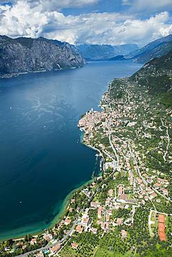 Lake Garda east shore with Malcesine, aerial view, Province of Veneto, Italy, Europe