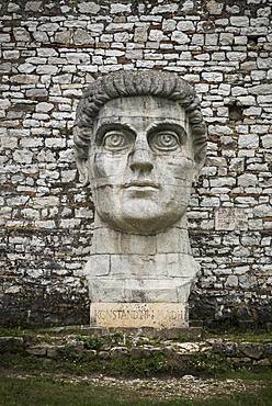 Oversized bust of Constantine the Great, Konstandini i Madh, at the fortress wall, Berat, Albania, Europe