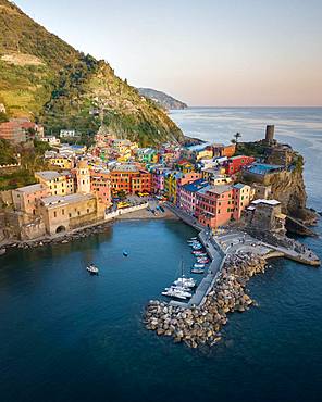 View Vernazza, aerial view, colorful houses, harbour, Cinque Terre, Liguria, Italy, Europe