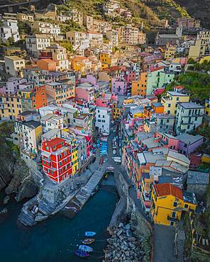 Aerial view of Riomaggiore, harbour, Cinque Terre, Italy, Europe