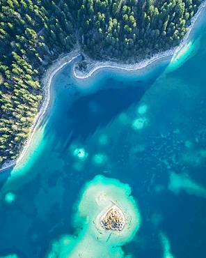 Eibsee lake, shore area with small heart shaped island, Herzinsel, drone shot, Garmisch-Partenkirchen, Germany, Europe