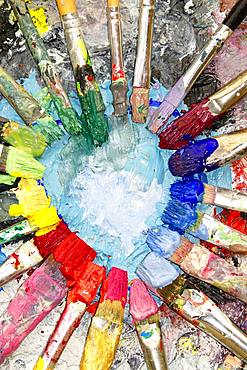 Many colorful brushes, acrylic paint, color circle, artist palette, Germany, Europe