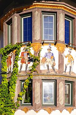 Mural painting Postreiter at the bay window of Hotel zur Post, Wallgau, Werdenfelser Land, Upper Bavaria, Bavaria, Germany, Europe