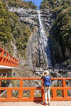 Tourist looks at Nachi Waterfall at Seigantoji Temple, Nachisan, Wakayama, Japan, Asia