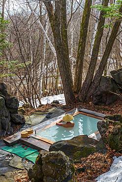 Woman bathing in an onsen, hot thermal spring of a guesthouse, Matsumoto, Japan, Asia