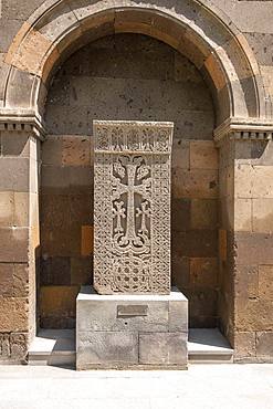 Armenian stone with cross, cross stone, Khachkar, Chatschkar, church centre, Etschmiatsin, Armavir, Armenia, Asia