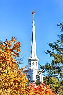 White church tower between autumnal trees, Lexington Battle Green, Lexington, Massachussets, USA, North America