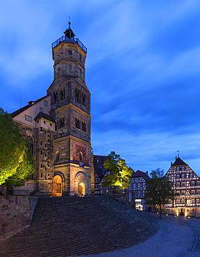 St. Michael with large open stairs at dusk, Schwaebisch Hall, Baden-Wuerttemberg, Germany, Europe