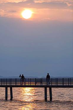 Silhouette, anglers on jetty in the morning light, Altnau, Lake Constance, Thurgau, Switzerland, Europe