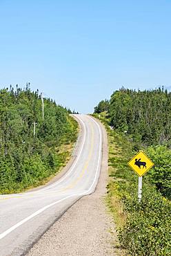 Road sign warns of crossing moose, Cabot Trail, Cape Breton Highlands National Park, Nova Scotia, Canada, North America