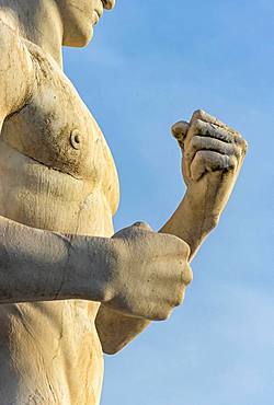 Close-up of fists of fighter statue at Stadio dei Marmi, Foro Italico, Rome, Italy, Europe